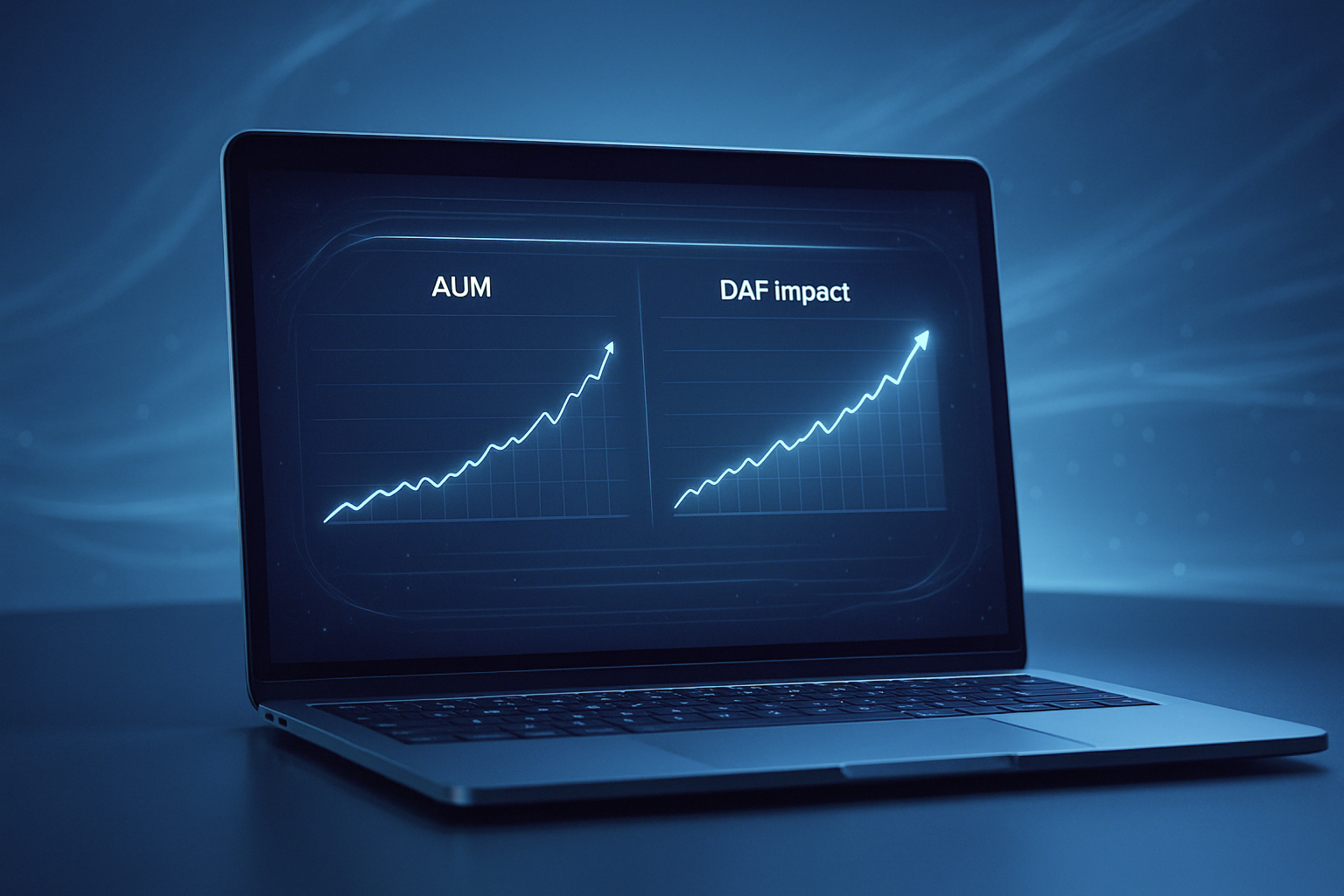 A sleek, futuristic laptop displays upward-trending AUM and DAF impact charts, symbolizing how a charitable giving strategy can drive measurable growth and client engagement.