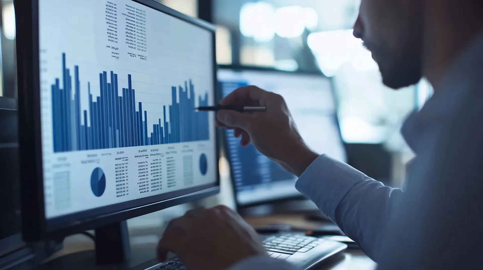 Financial advisor using advisor workflow automation tools to analyze market trends