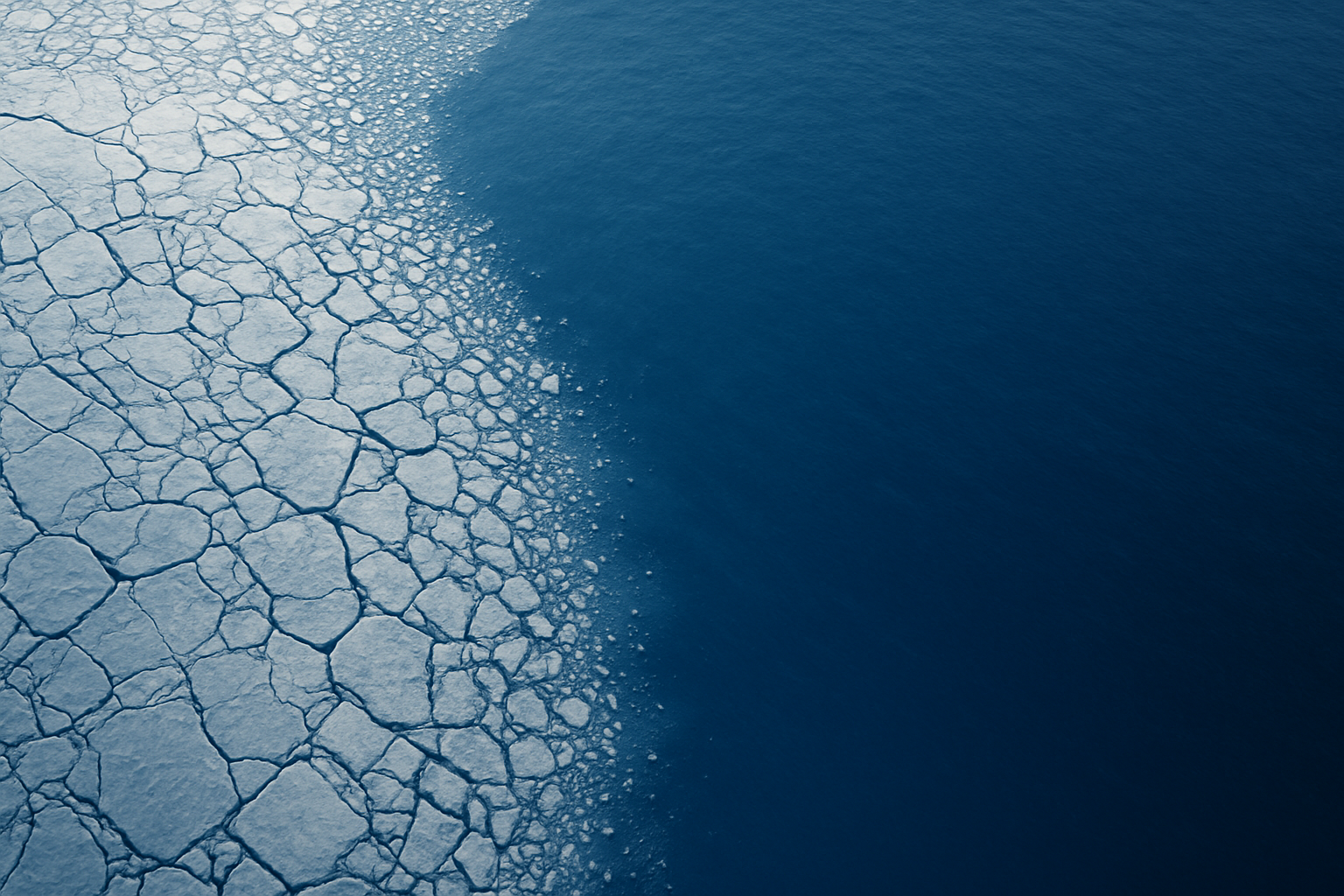 Satellite view of fractured ice merging into smooth blue water, symbolizing clarity and transformation in alternative investment due diligence.