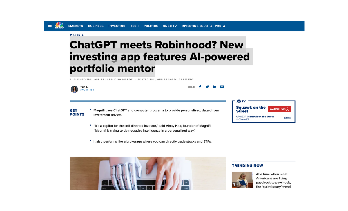 [CNBC] ChatGPT meets Robinhood? New investing app features AI-powered portfolio mentor